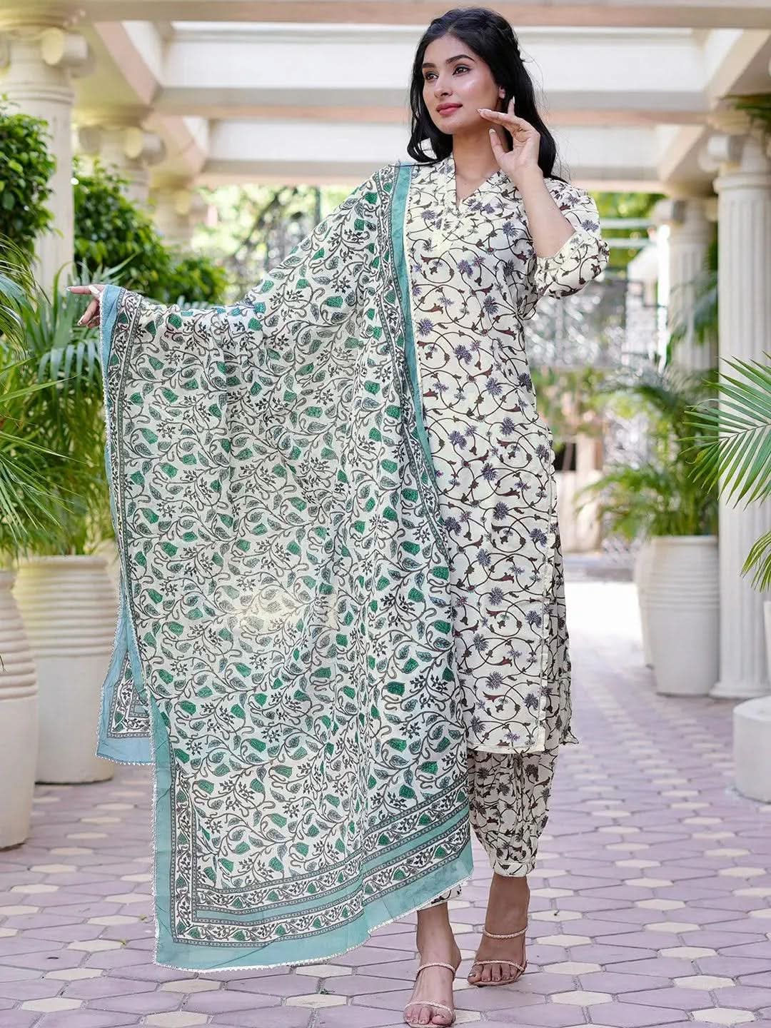 White Printed Cotton Straight Kurta With Salwar & Dupatta - Libas