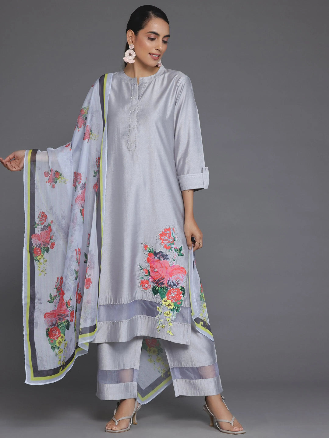 Grey Self Design Silk Blend Straight Suit With Dupatta - Libas
