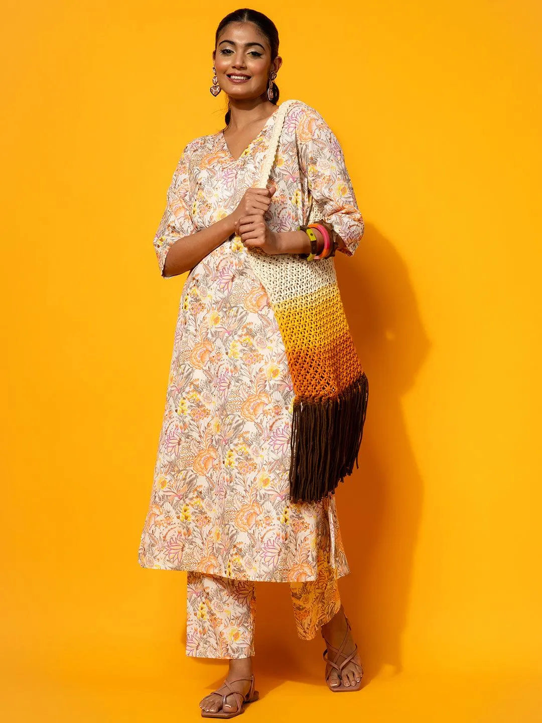 Cream Printed Cotton Co-Ords - Libas