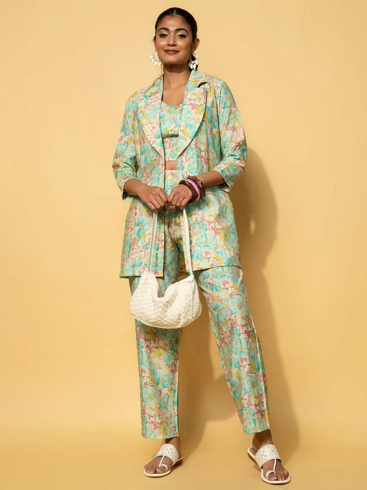 Turquoise Printed Silk Blend Co-Ords - Libas