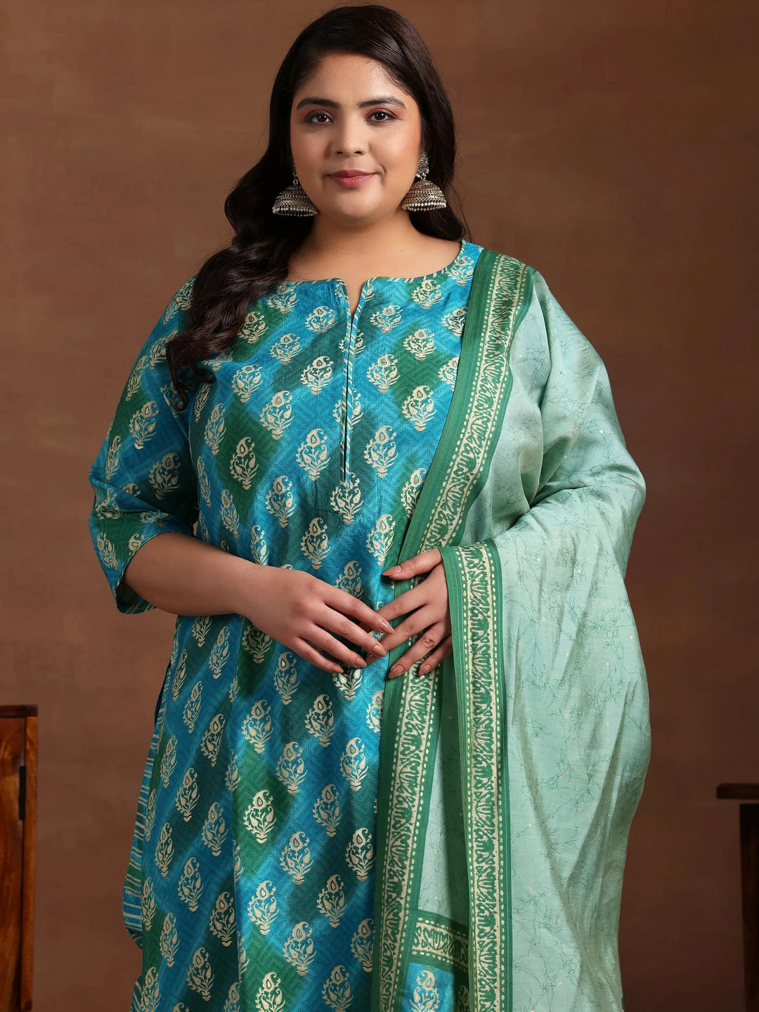 Plus Size Blue Printed Silk Blend Straight Suit With Dupatta