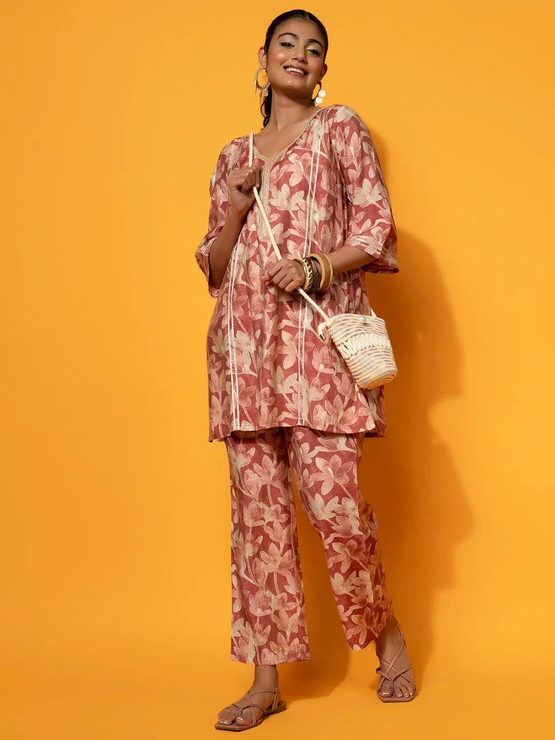 Rust Printed Silk Blend Co-Ords Online at Rs.1379 | Libas