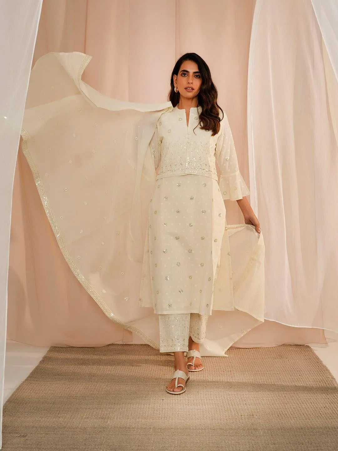 Off White Embroidered Cotton Straight Suit With Dupatta - Libas