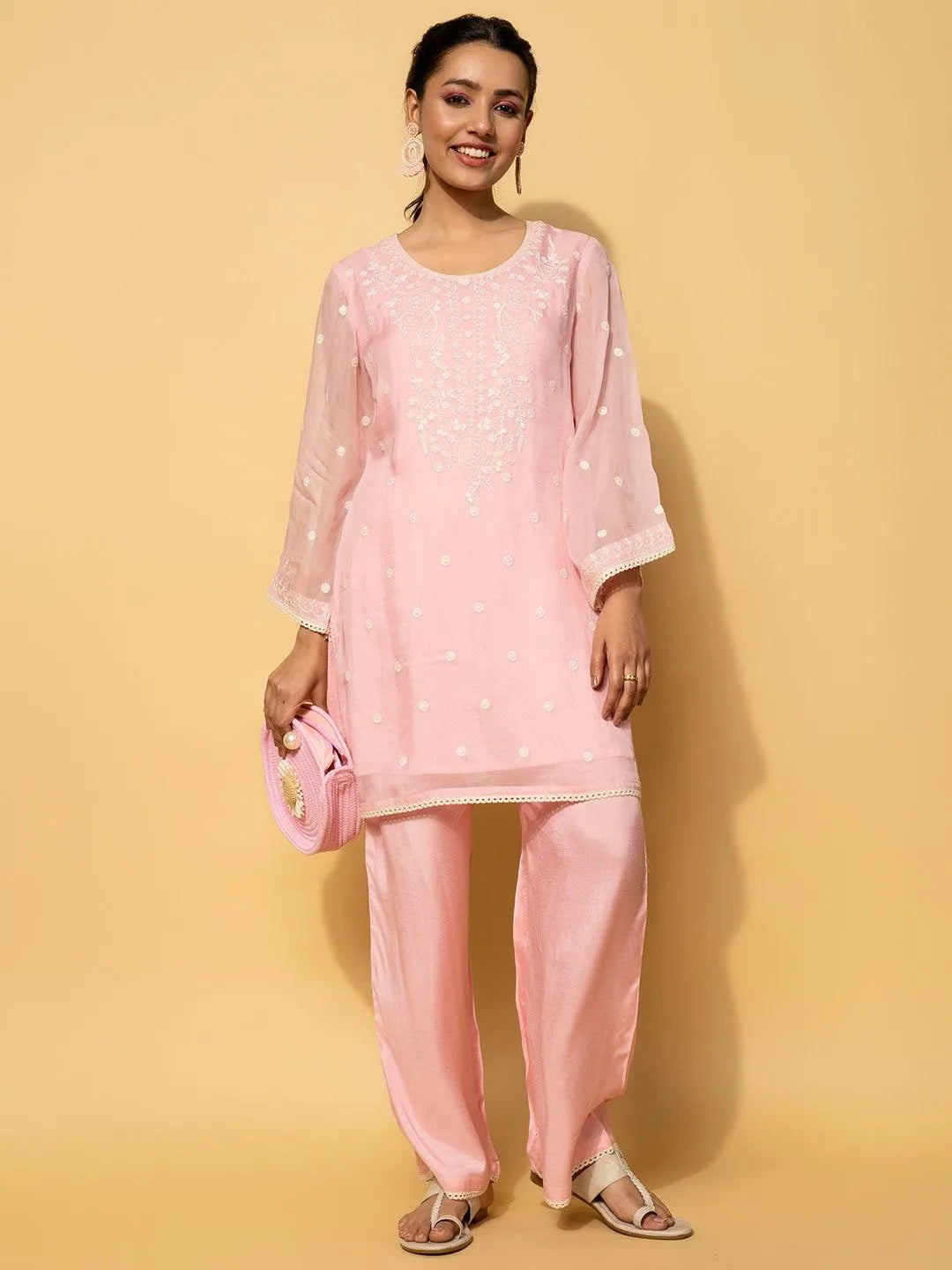 Pink Embroidered Silk Blend Co-Ords - Libas