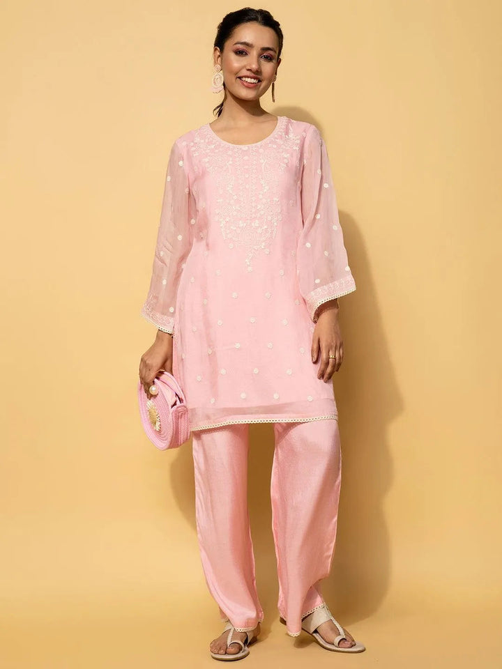 Pink Embroidered Silk Blend Co-Ords - Libas