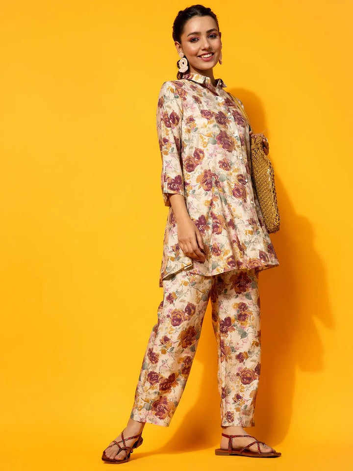 Beige Printed Silk Blend Co-Ords - Libas