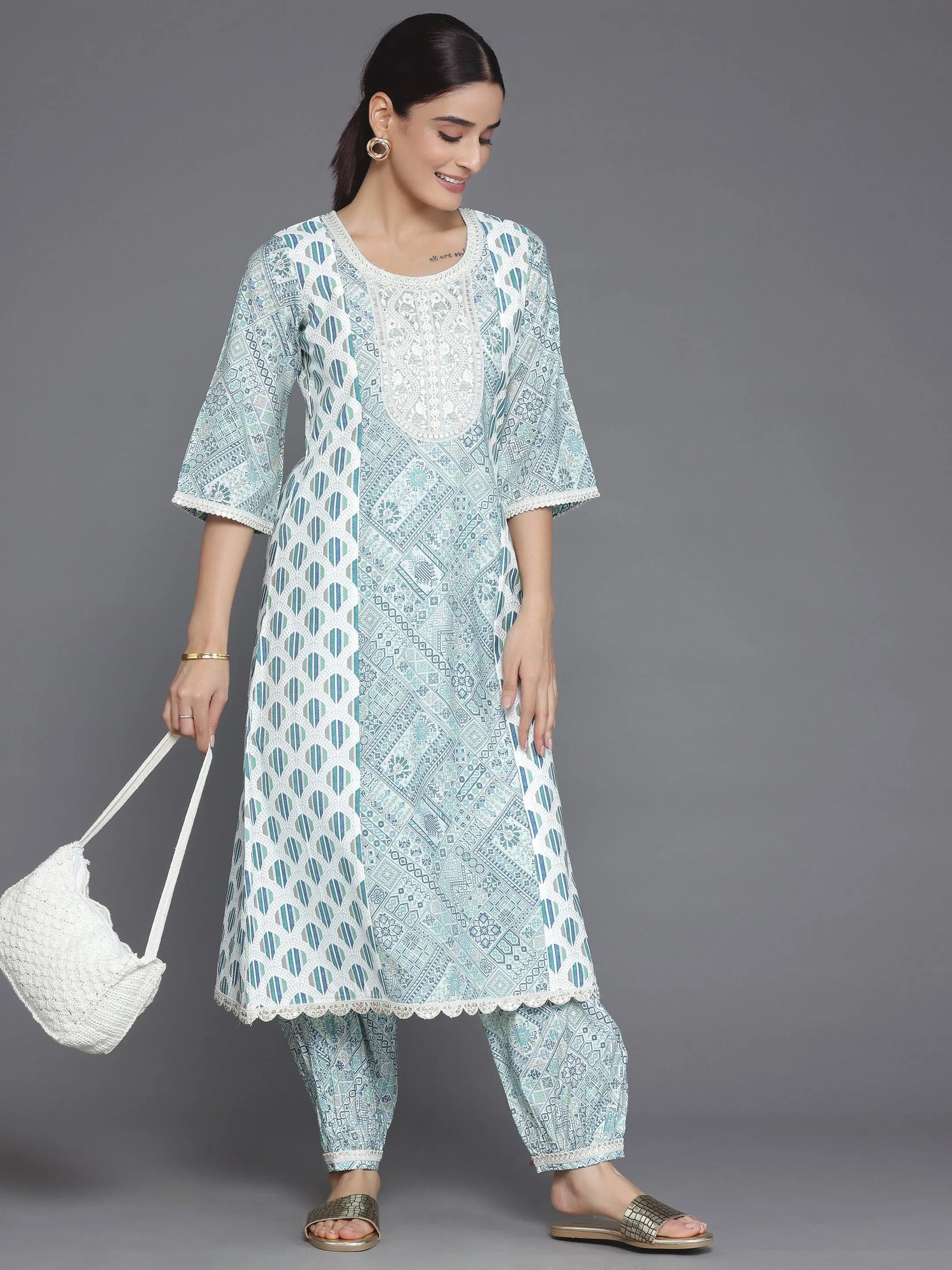 Blue Printed Silk Blend A-Line Kurta With Salwar Online at Rs.1517 | Libas
