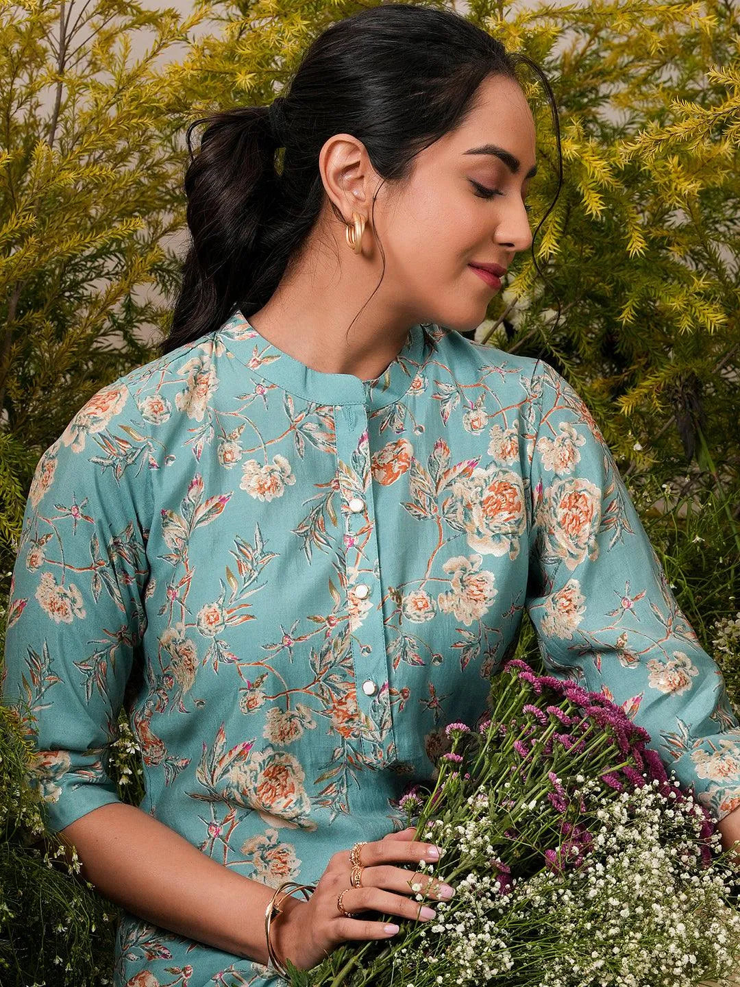 Blue Printed Silk Blend A-Line Kurti - Libas