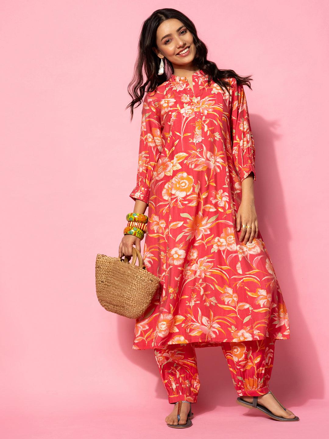 Coral Printed Silk Blend Co-Ords Online at Rs.1589 | Libas