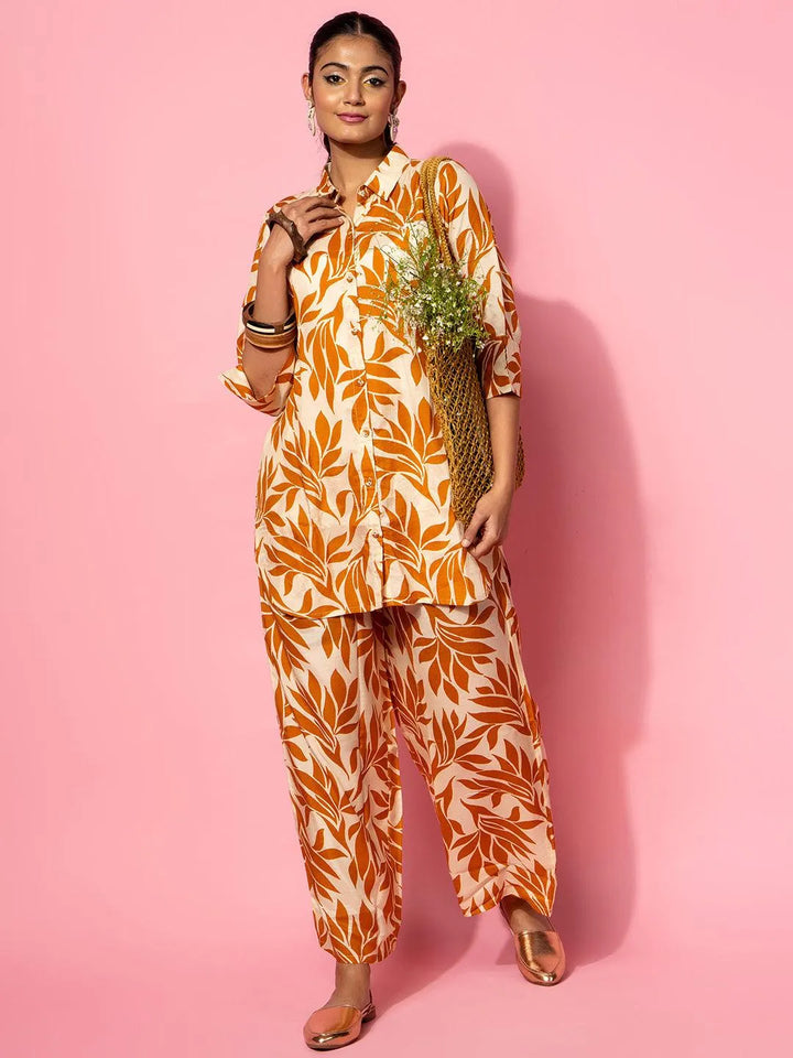 Beige Printed Silk Blend Co-Ords - Libas