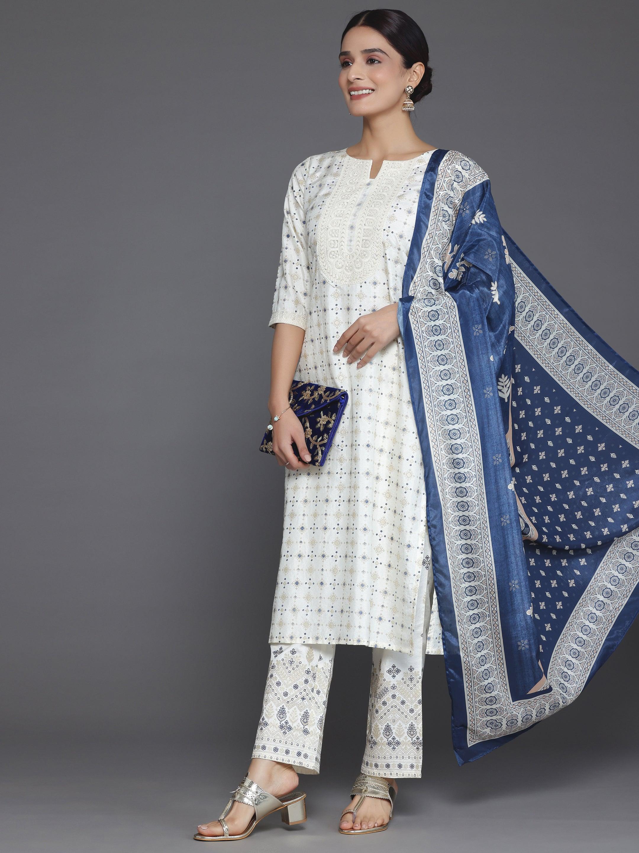 Off White Woven Design Silk Blend Straight Kurta With Trousers & Dupatta