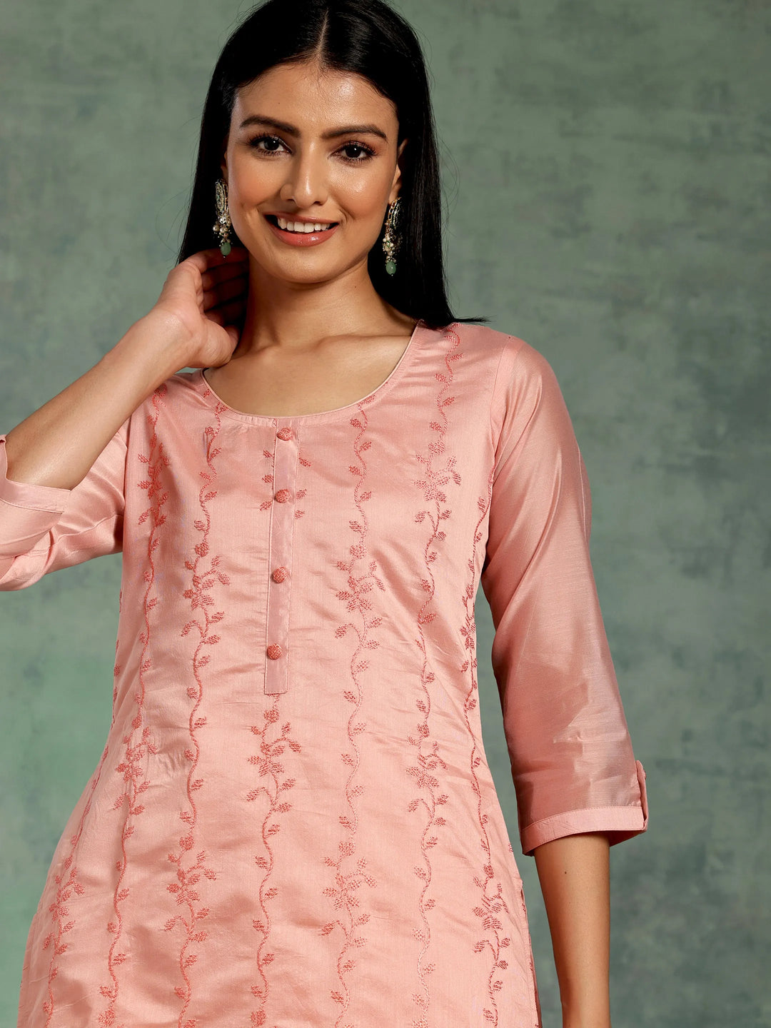 Peach Embroidered Chanderi Silk Straight Kurta