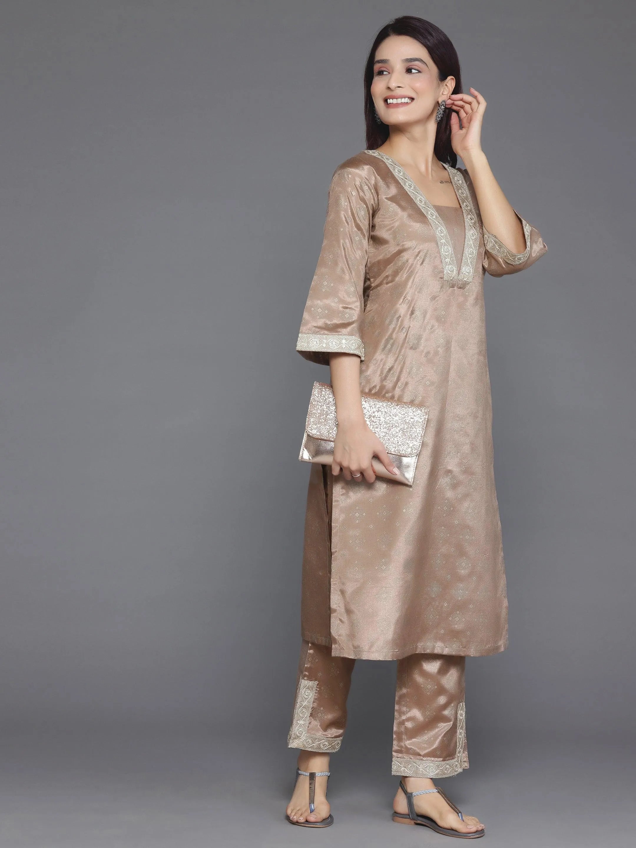 Brown Woven Design Silk Blend Straight Kurta Set Online at Rs.1174 | Libas
