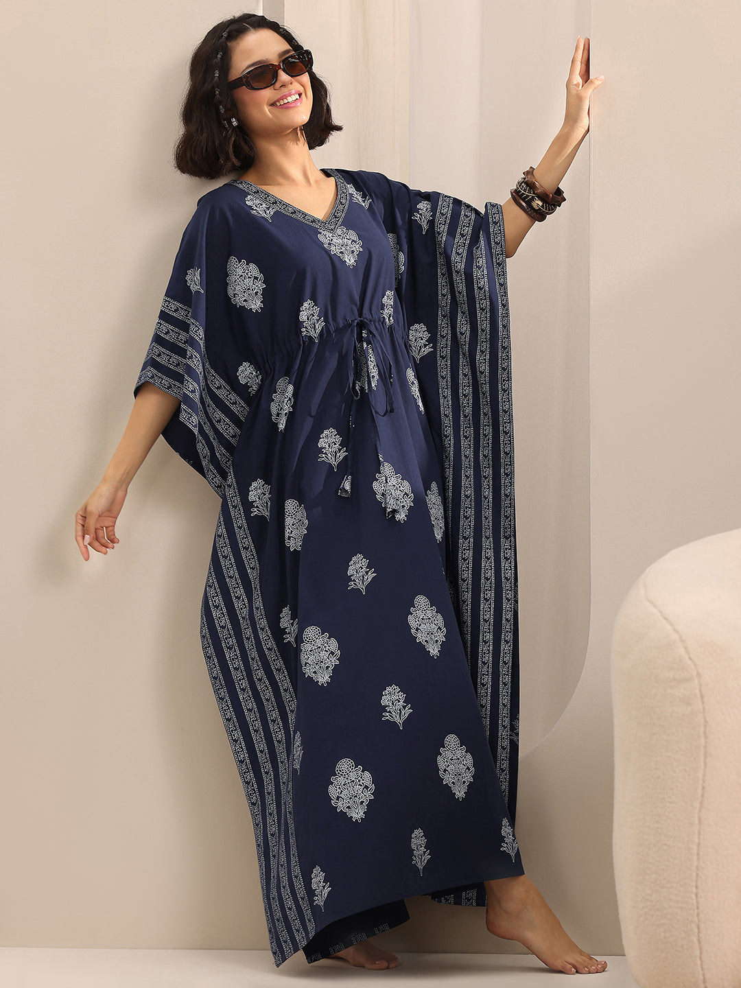 Blue Printed Cotton Kaftan Night Dress