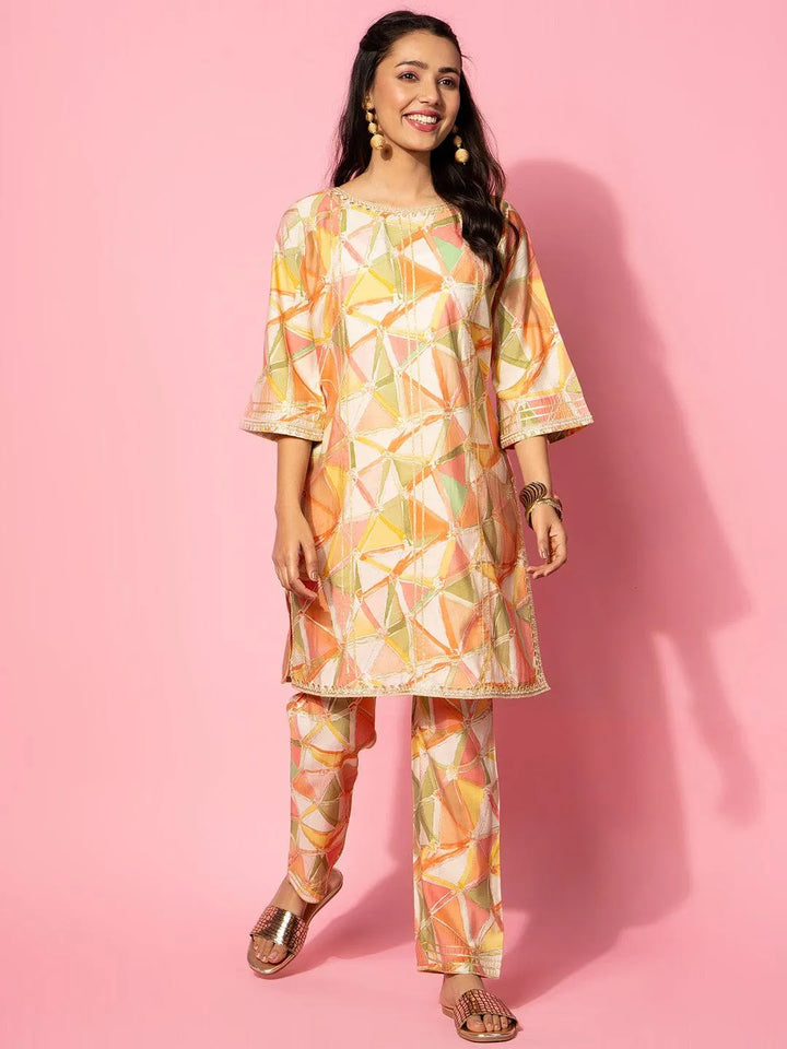 Peach Printed Silk Blend Co-Ords - Libas