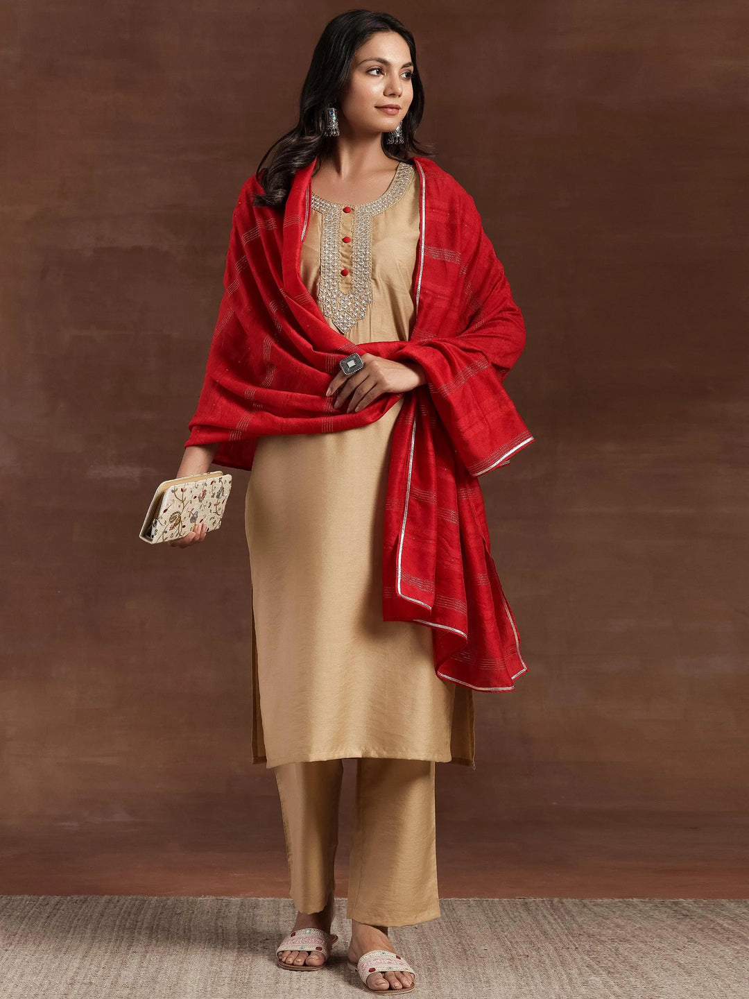 Beige Yoke Design Silk Blend Straight Kurta With Trousers & Dupatta - Libas