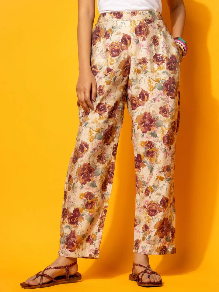 Beige Printed Silk Blend Co-Ords - Libas