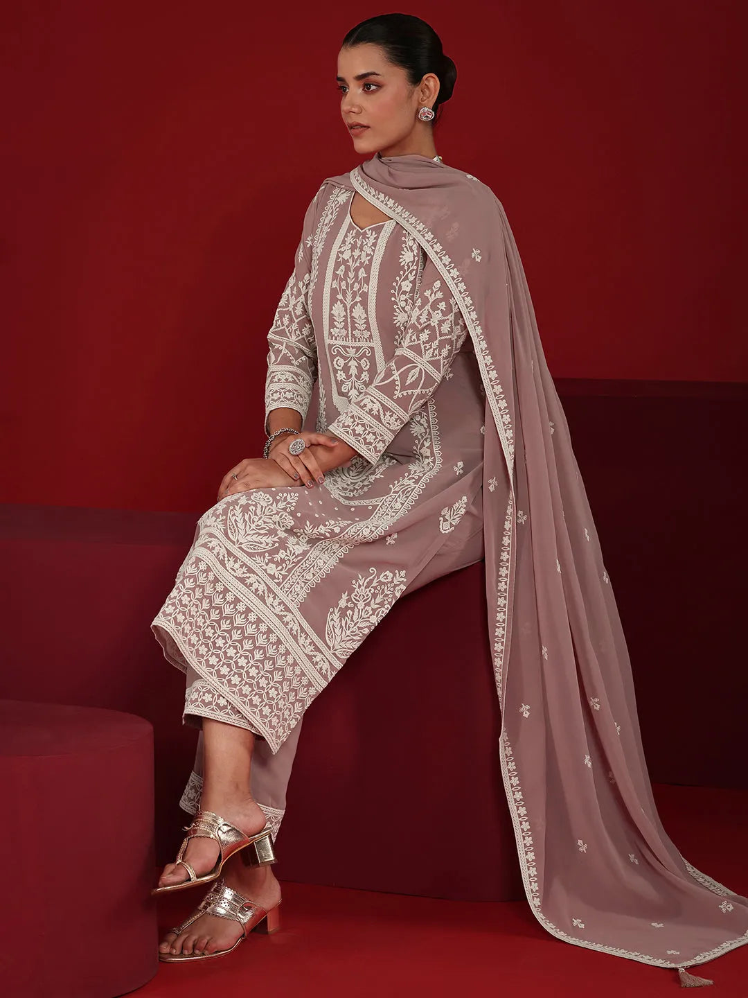 Libas Art Pink Embroidered Georgette Straight Suit Set With Dupatta