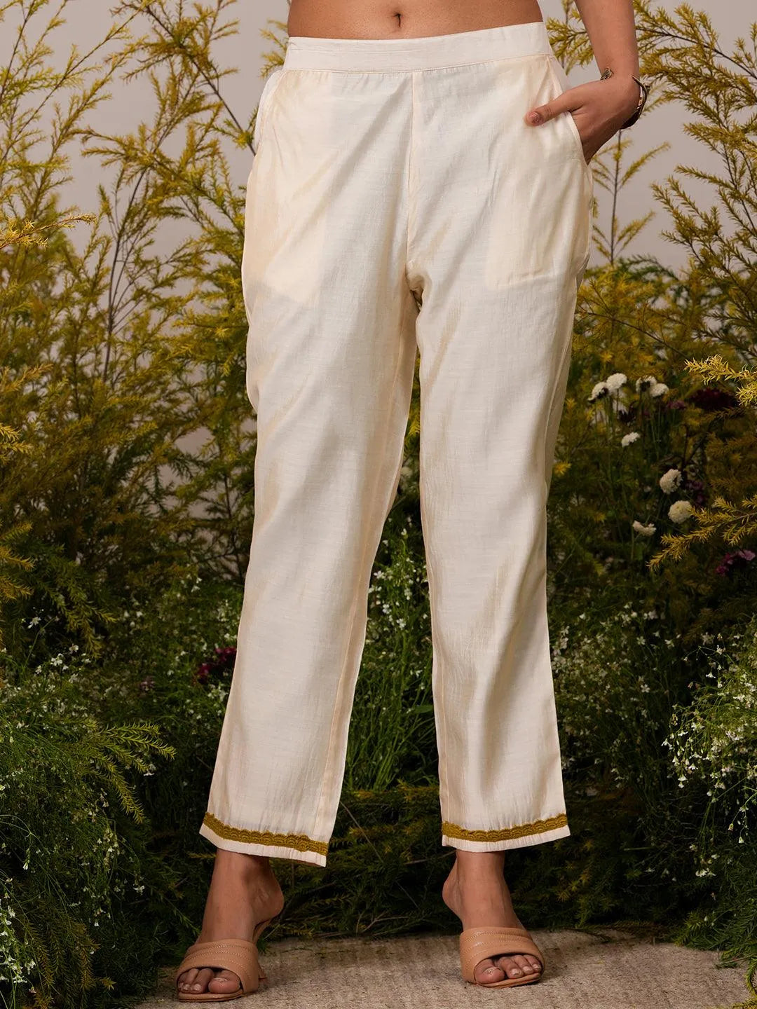 Beige Printed Chanderi Silk Straight Kurta Set - Libas