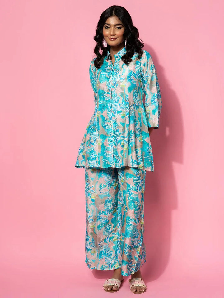 Blue Printed Silk Blend Co-Ords - Libas