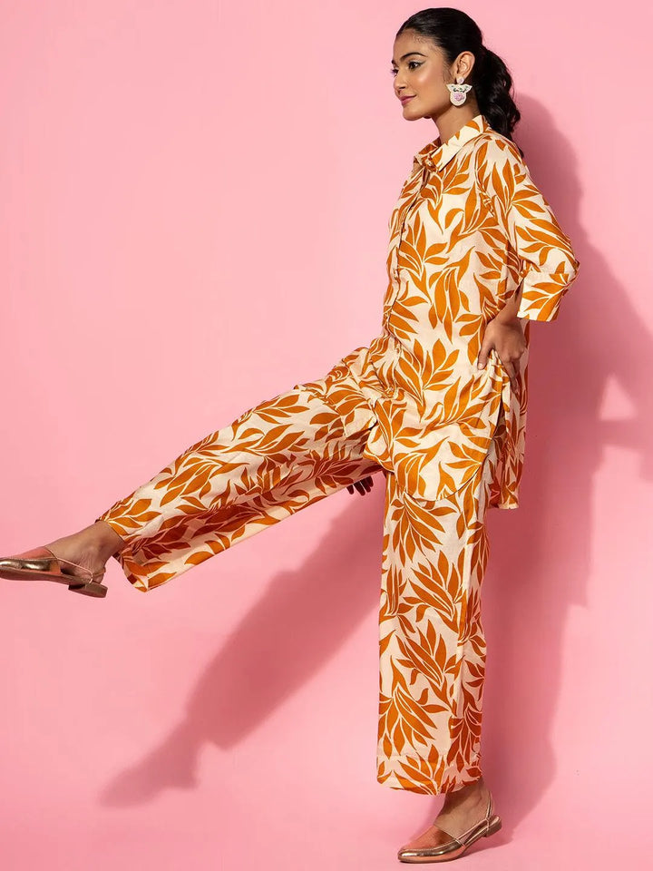 Beige Printed Silk Blend Co-Ords - Libas