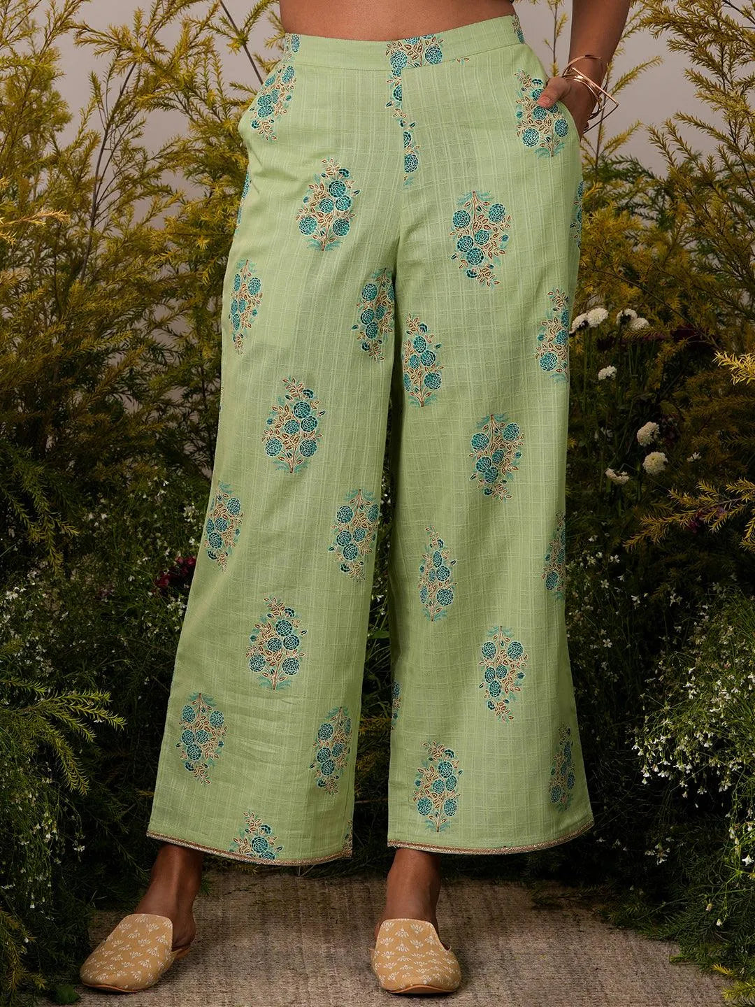 Green Printed Cotton Straight Kurta Set - Libas