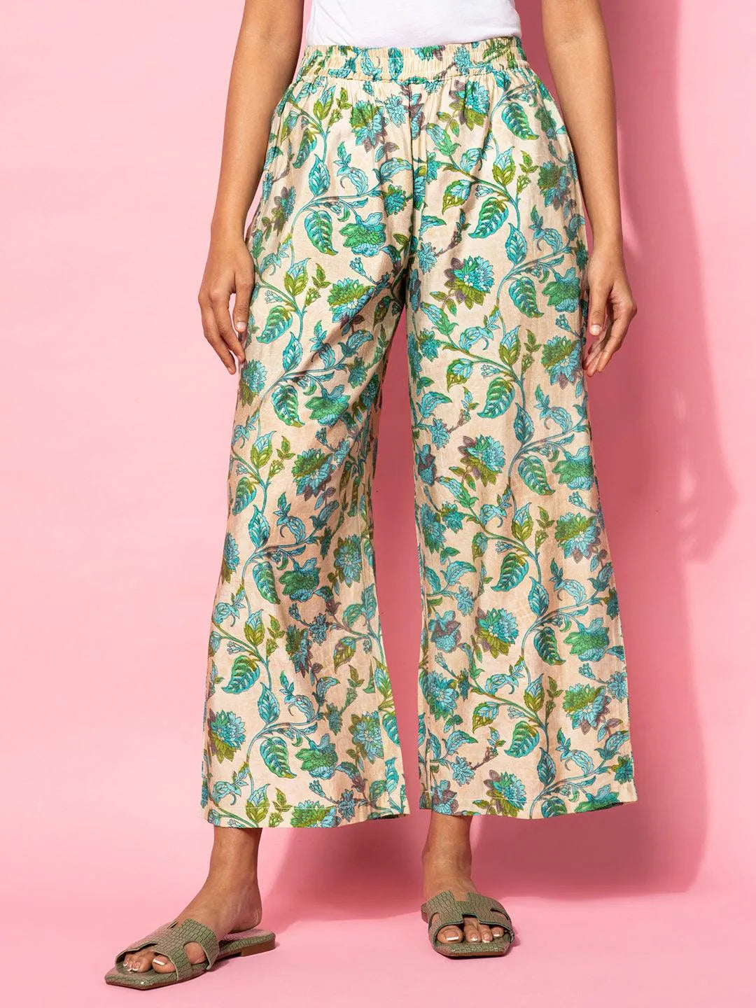 Beige Printed Silk Blend Co-Ords - Libas