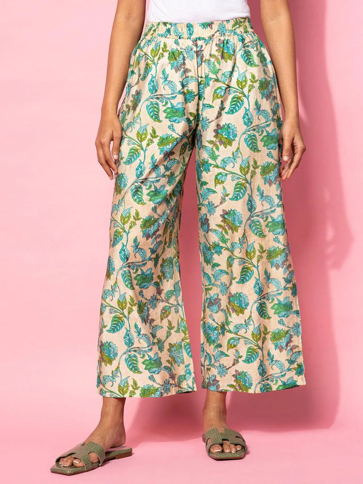 Beige Printed Silk Blend Co-Ords - Libas