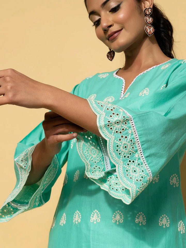 Green Embroidered Cotton Co-Ords - Libas