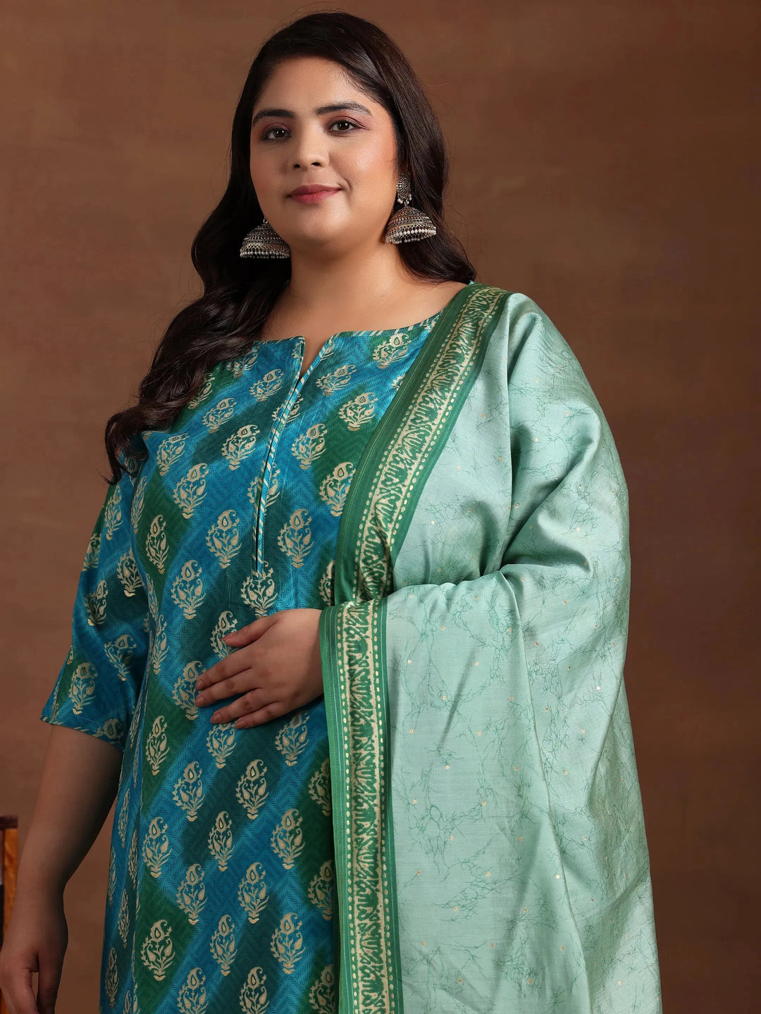 Plus Size Blue Printed Silk Blend Straight Suit With Dupatta