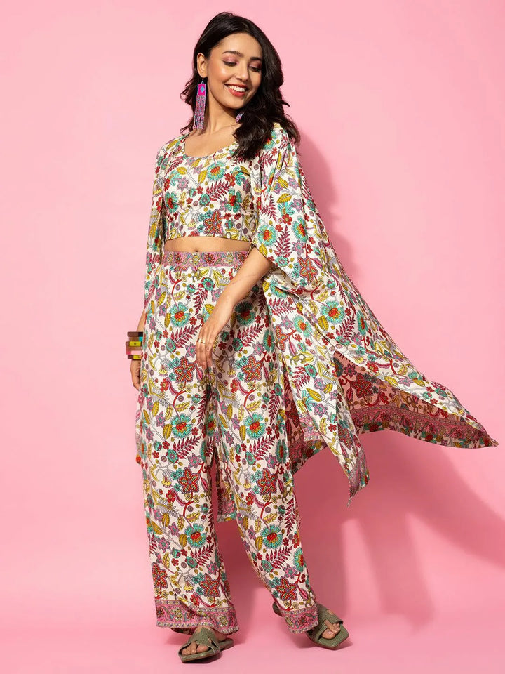 Cream Printed Silk Blend Co-Ords - Libas