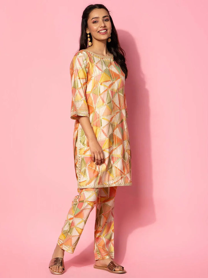 Peach Printed Silk Blend Co-Ords - Libas