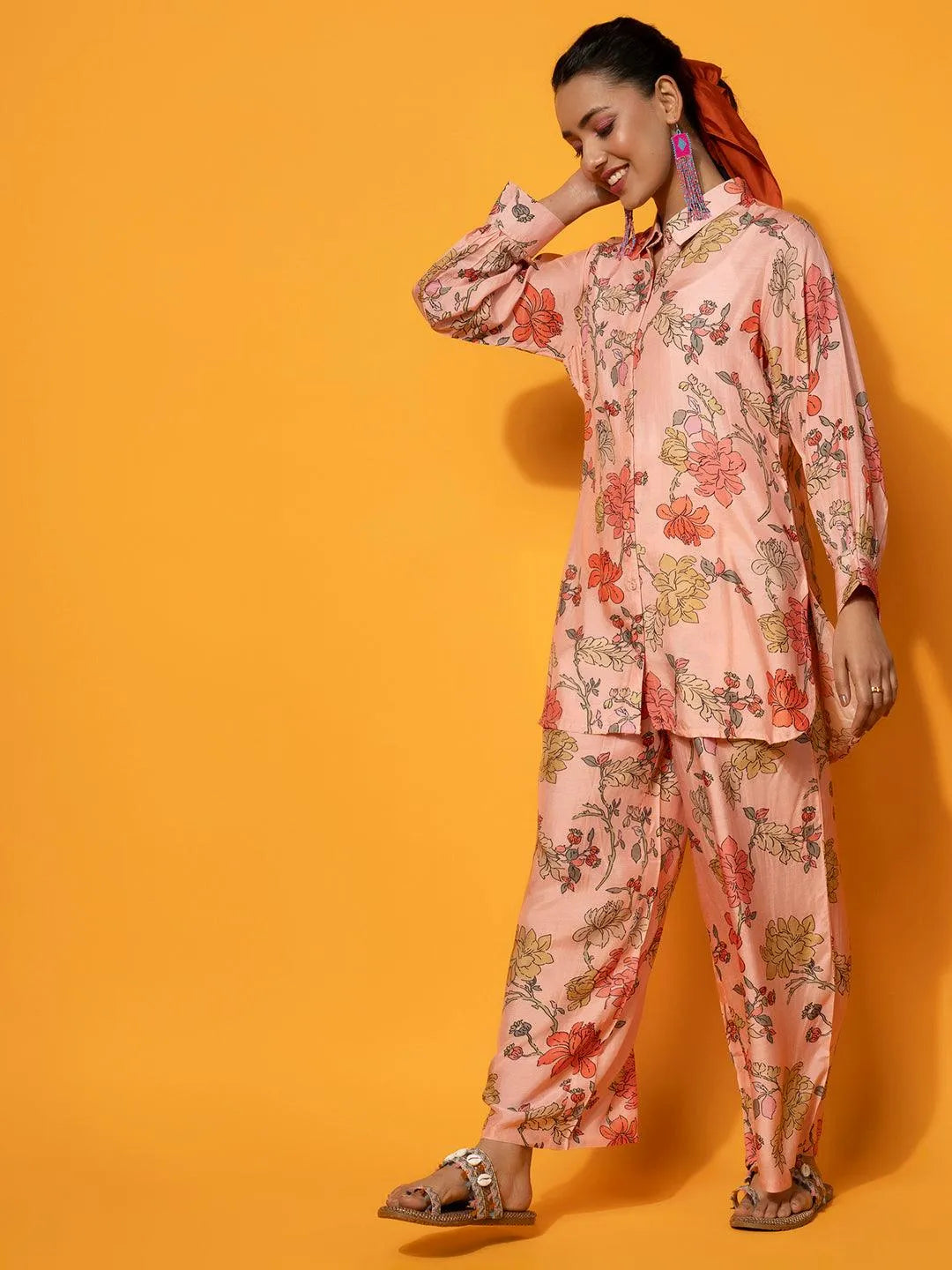 Peach Printed Silk Blend Co-Ords - Libas