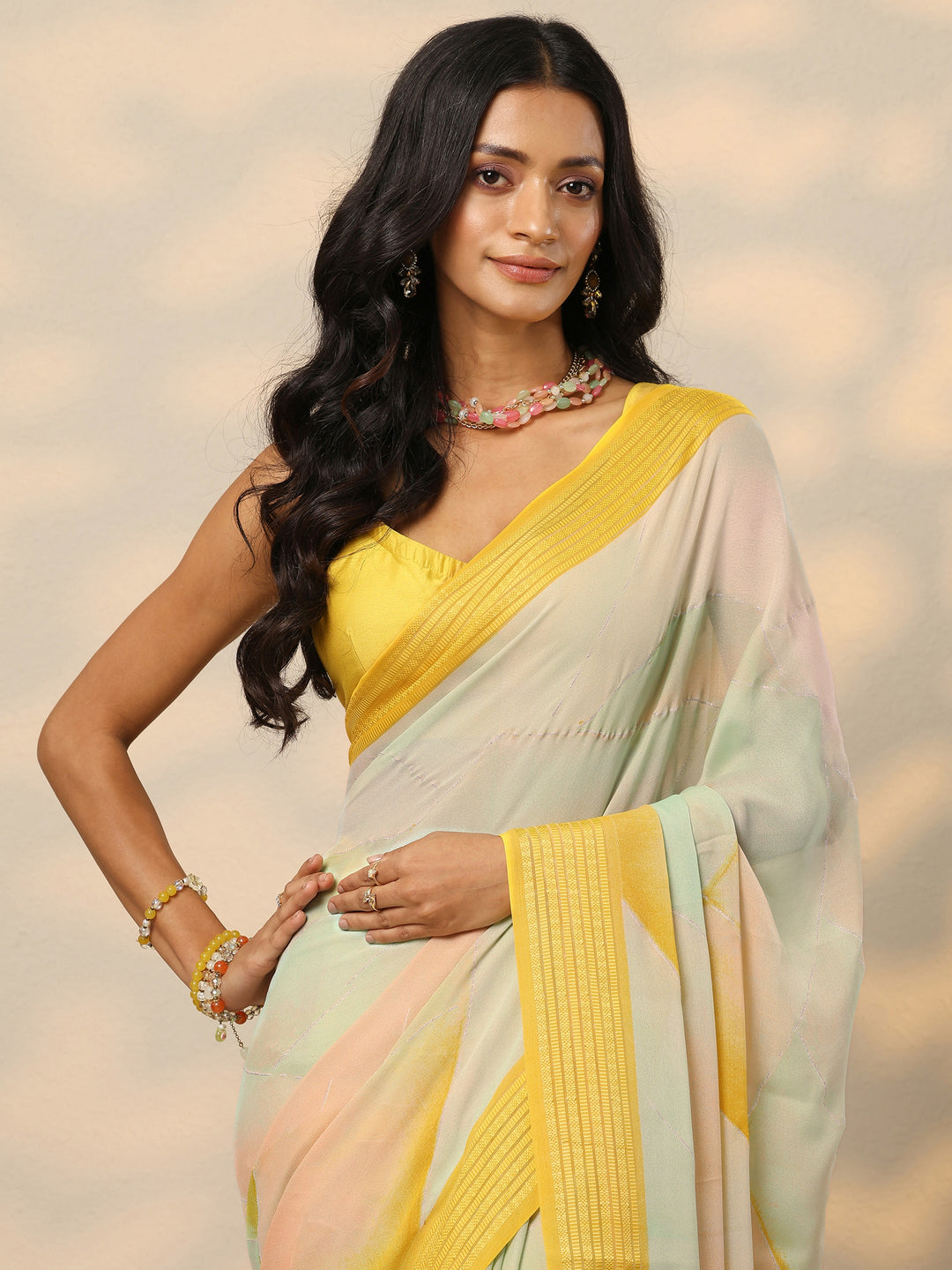 Multi Solid Chinon Saree With Unstitched Blouse Piece