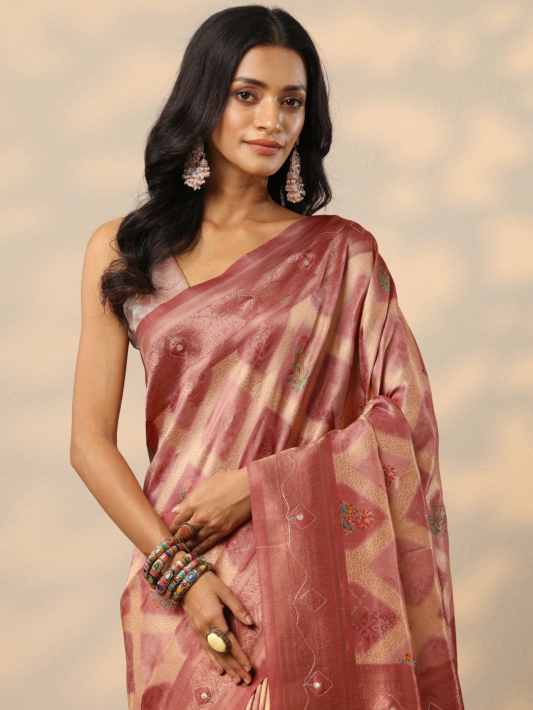 Peach Woven Design Banarasi Silk Blend Saree With Unstitched Blouse Piece