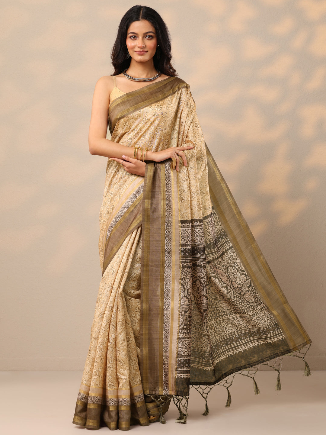 Beige Printed Silk Blend Sarees With Unstitched Blouse Piece
