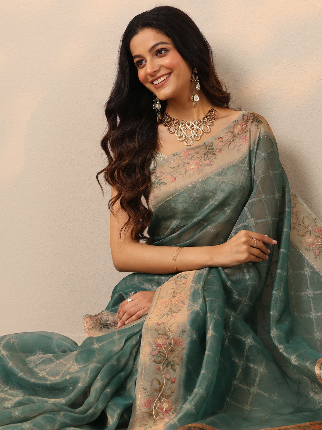 Green Printed Nylon Sarees With Unstitched Blouse Piece