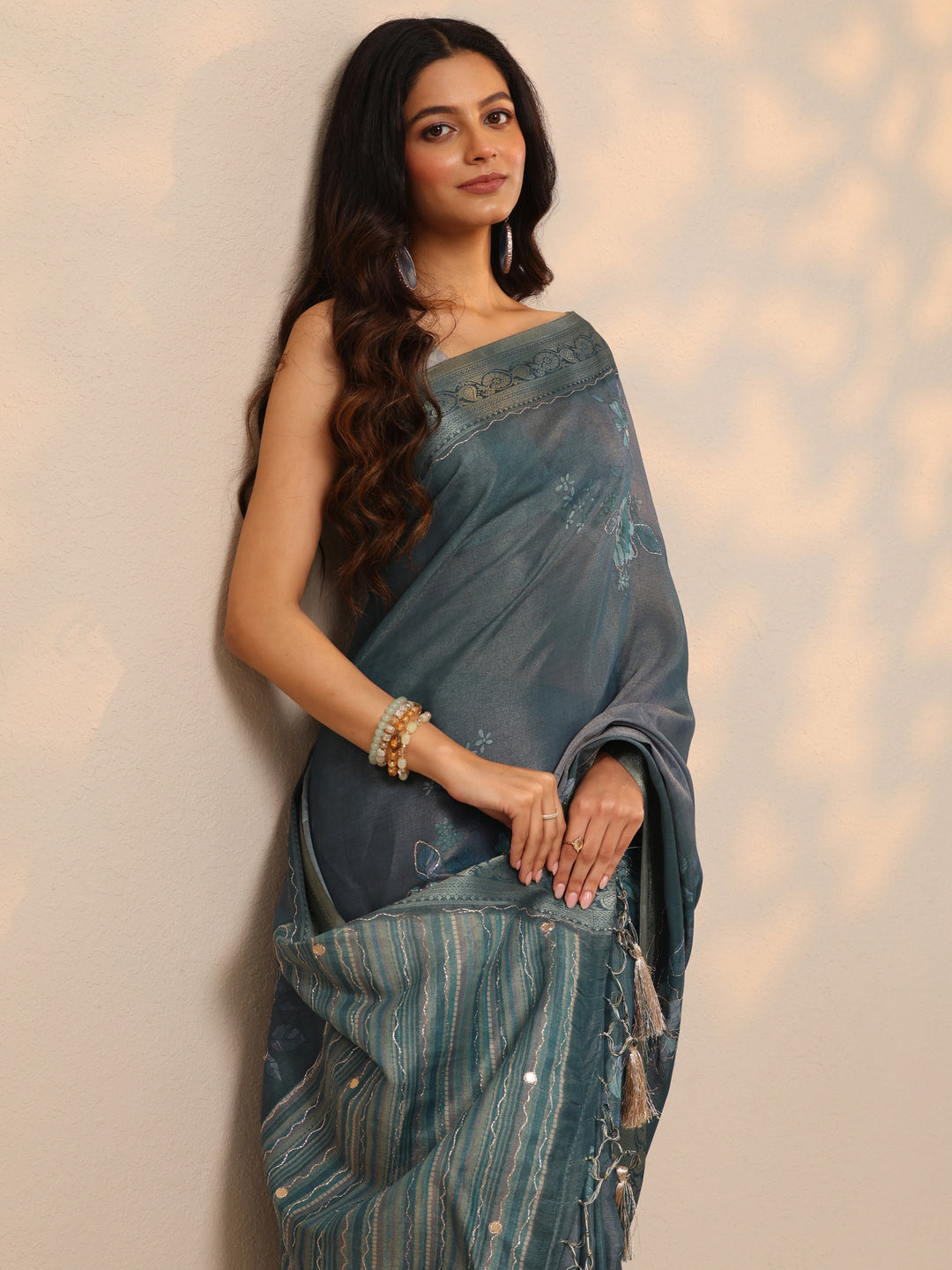 Blue Printed Silk Blend Sarees With Unstitched Blouse Piece