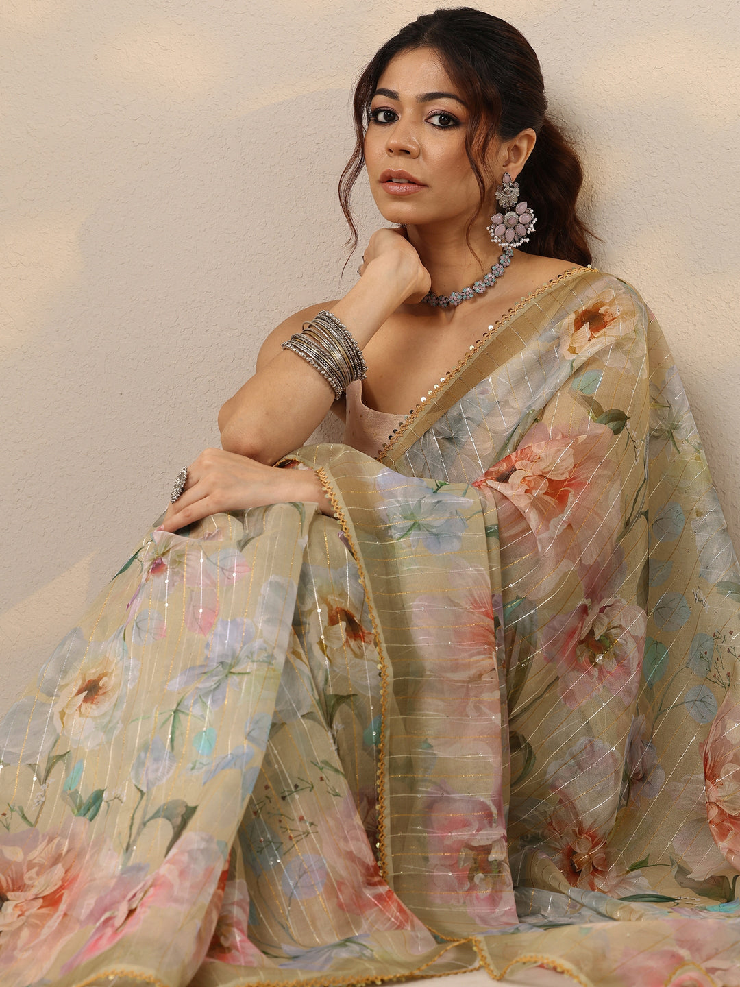 Yellow Embellished Nylon Sarees With Unstitched Blouse Piece