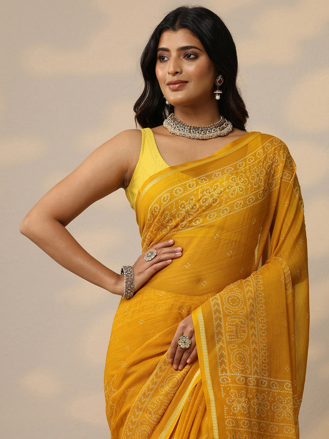 Mustard Bandhani Printed Chiffon Sarees With Unstitched Blouse Piece