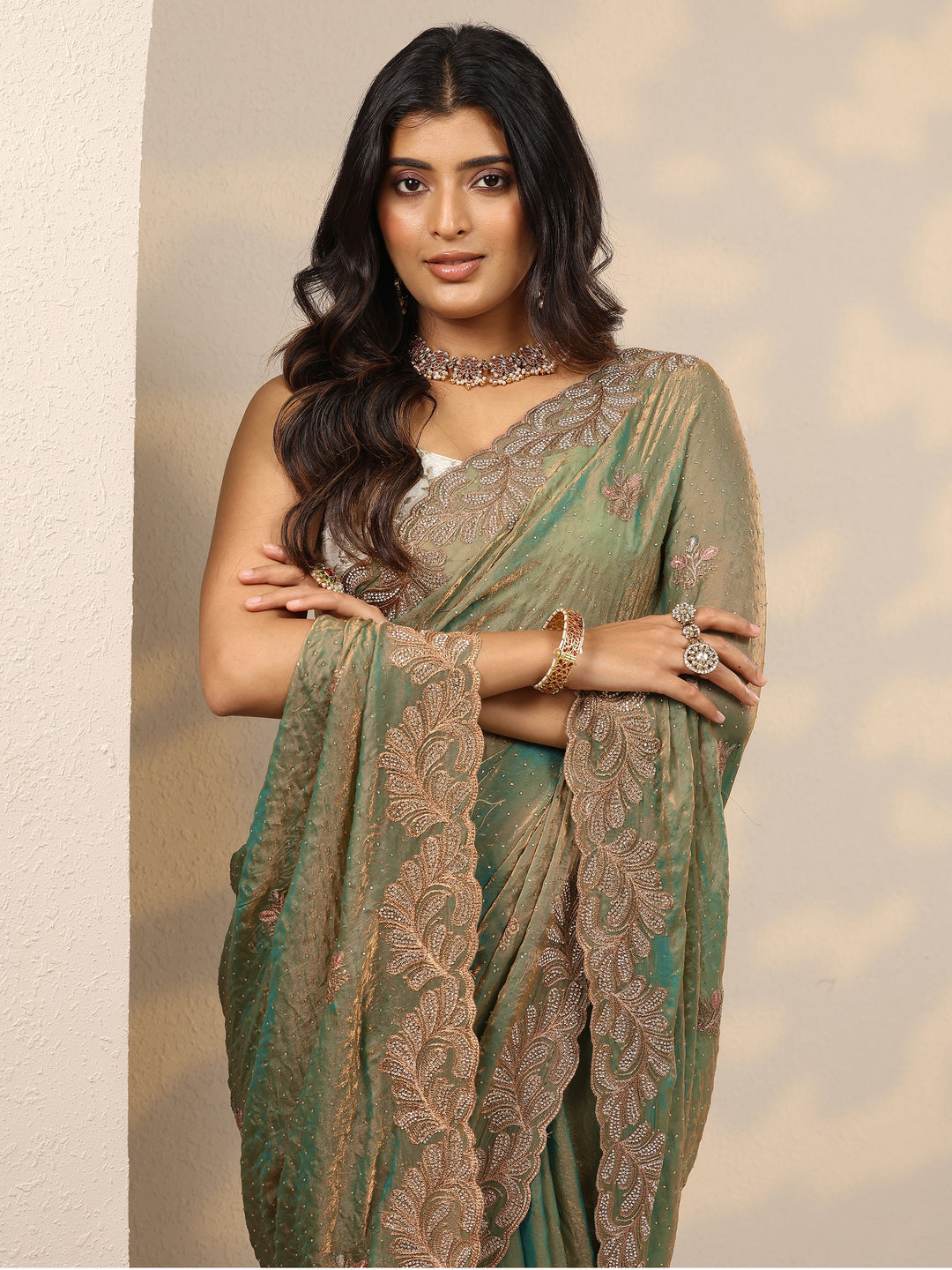 Green Embellished Organza Sarees With Unstitched Blouse Piece