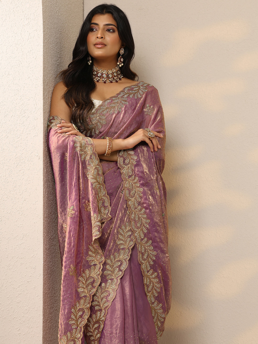 Lavender Embellished Organza Sarees With Unstitched Blouse Piece