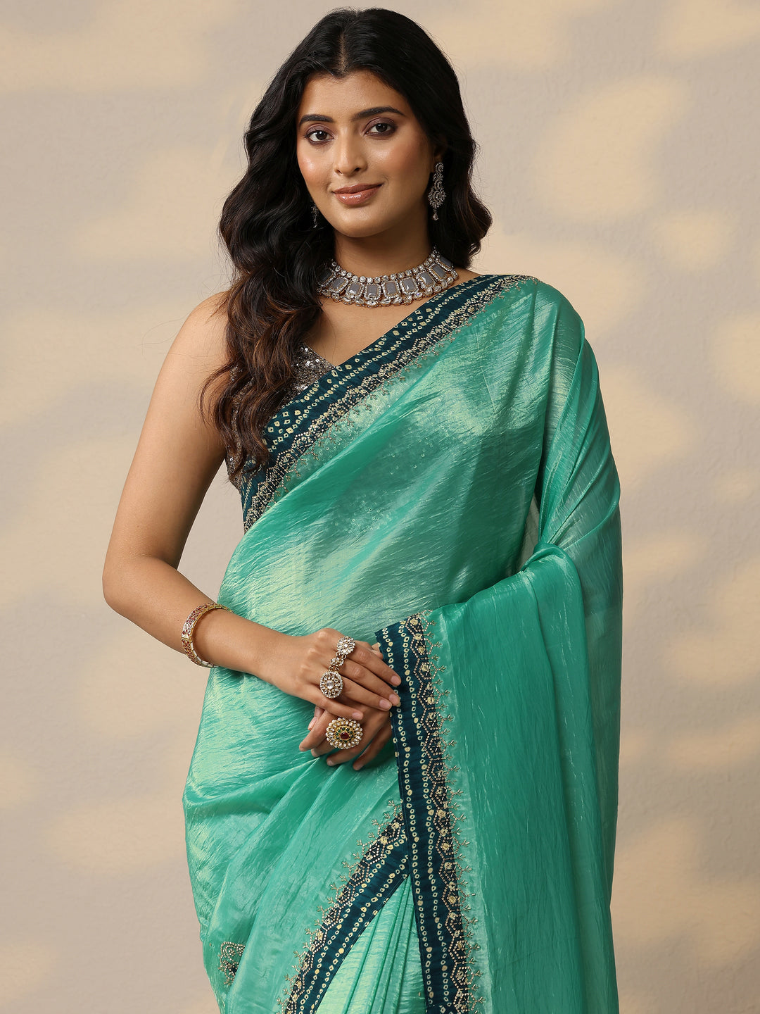 Green Embellished Organza Sarees With Unstitched Blouse Piece