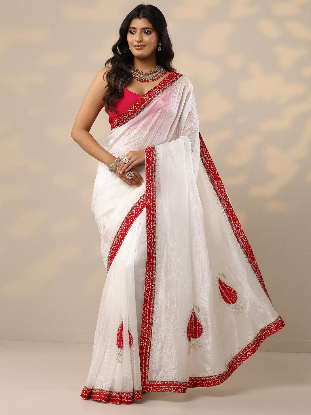 Cream Embellished Organza Sarees With Unstitched Blouse Piece