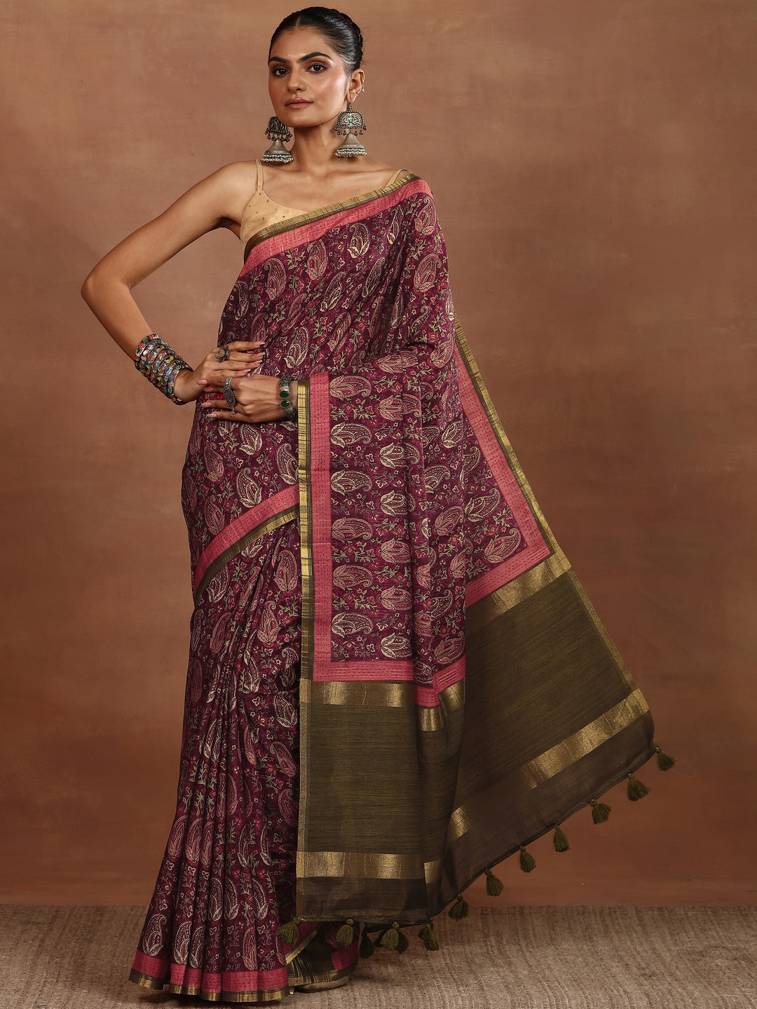 Burgundy Printed Silk Blend Sarees With Unstitched Blouse Piece