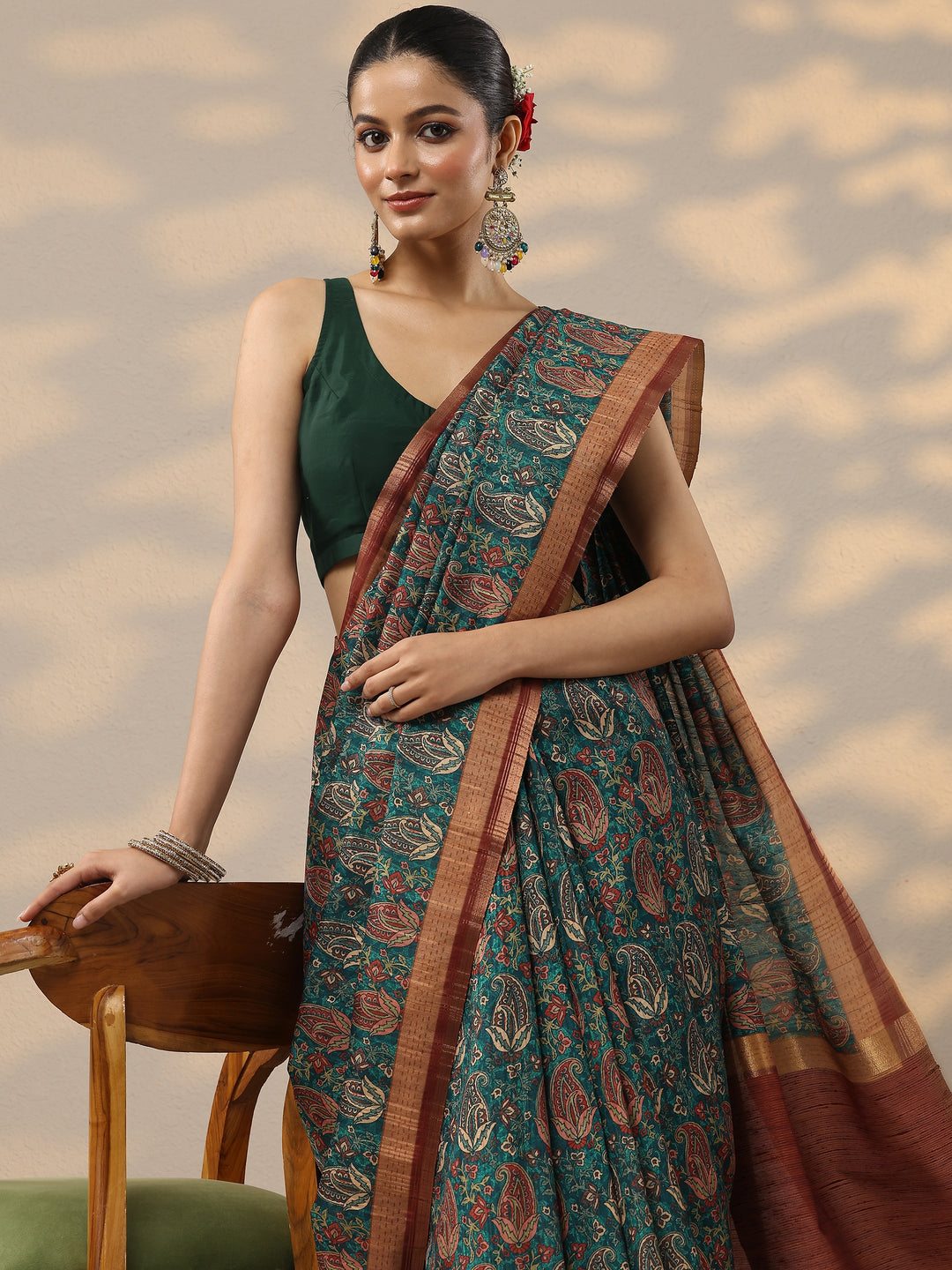 Green Printed Silk Blend Saree With Unstitched Blouse Piece