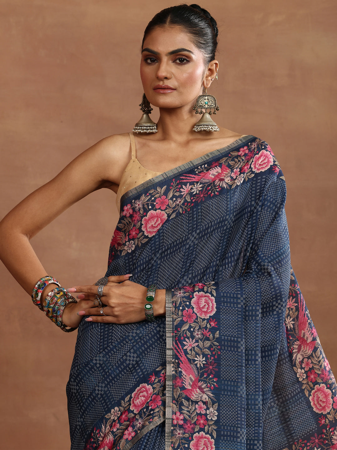 Blue Printed Silk Blend Sarees With Unstitched Blouse Piece