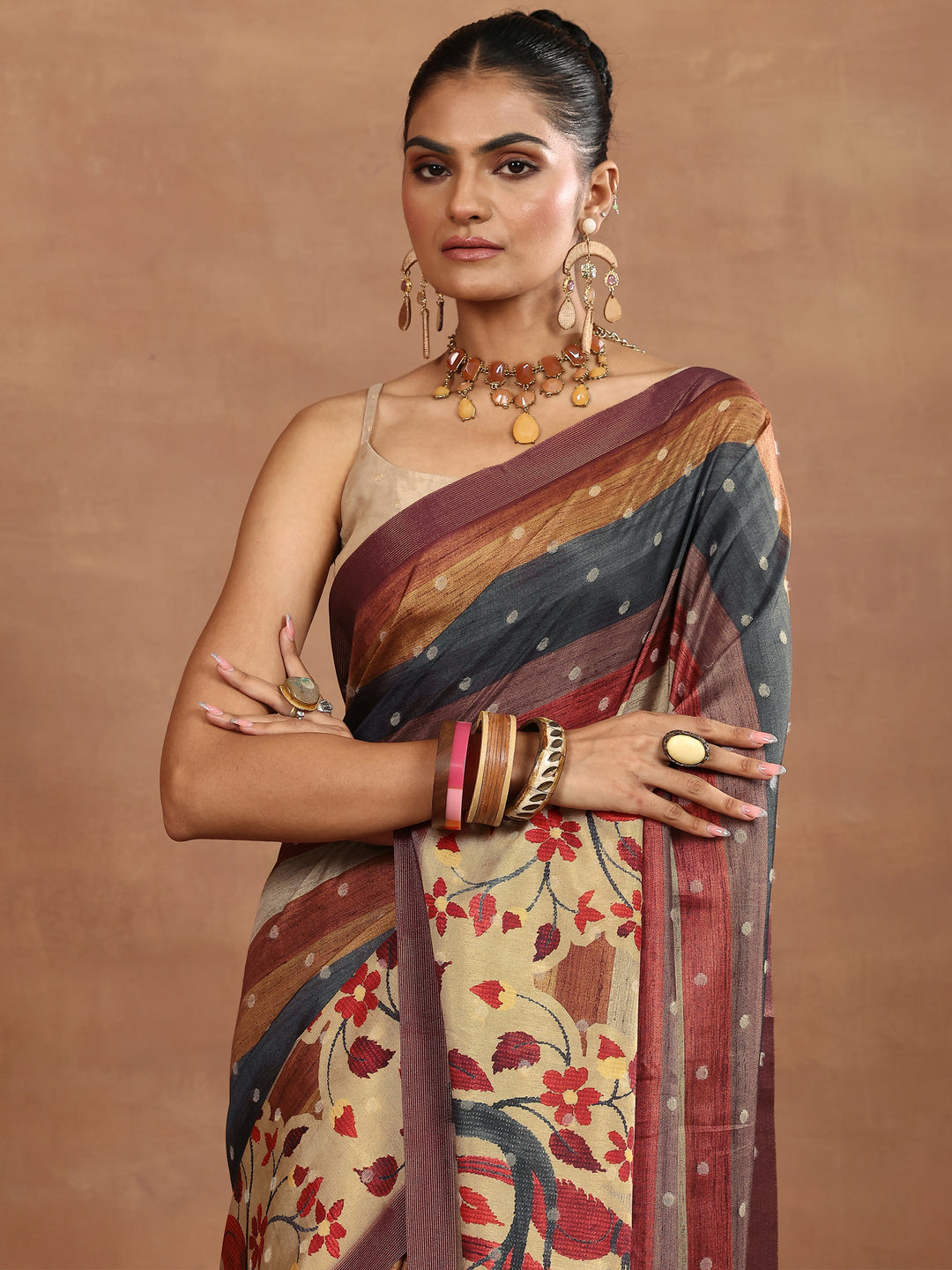 Multi Printed Silk Blend Sarees With Unstitched Blouse Piece