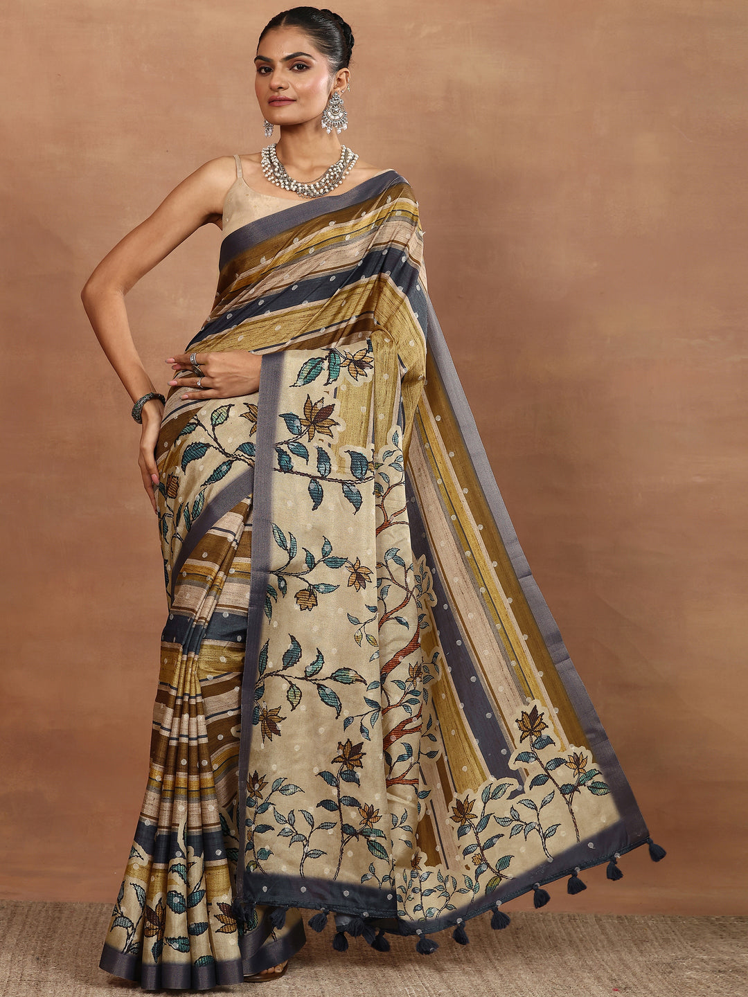 Multi Printed Silk Blend Sarees With Unstitched Blouse Piece