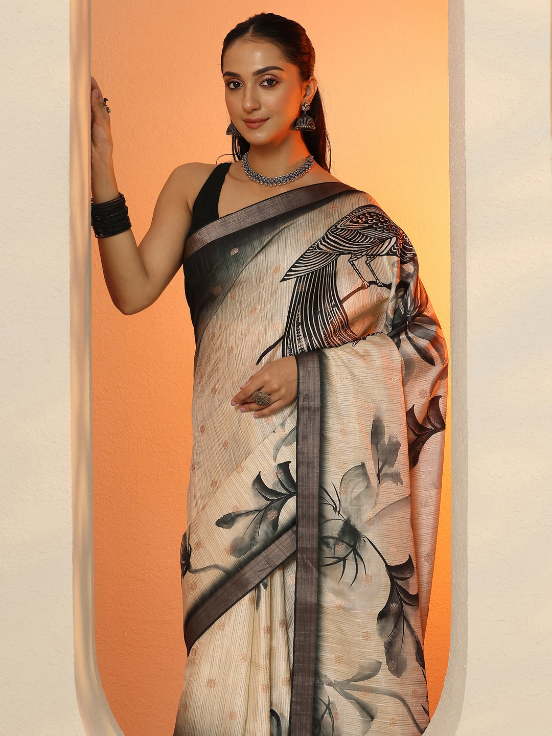 Beige Woven Design Silk Blend Saree With Unstitched Blouse Piece